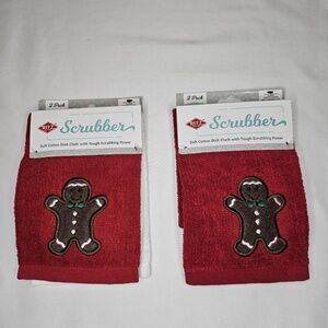 New Set 2 Ritz Scrubber Cotton Dish Cloth 2 pack Red White Gingerbread Man 12x12